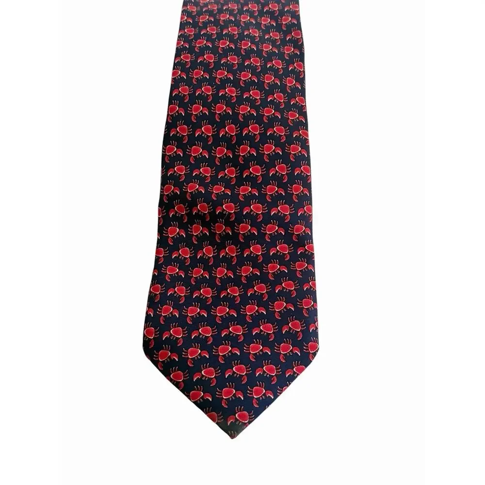 Lord & Taylor Boys Crab Tie One Size Navy Blue Red 100% Silk Formal Necktie
